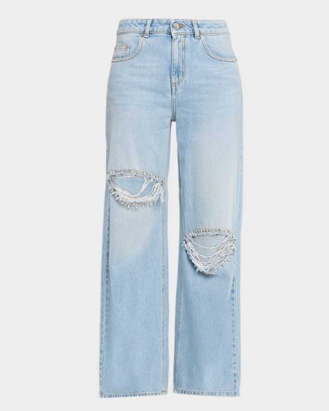 Crystal Distressed Slit Wide-Leg Jeans
